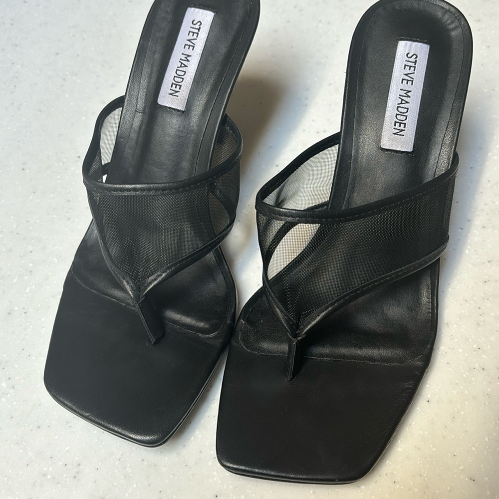 Steve Madden black mesh thong heels